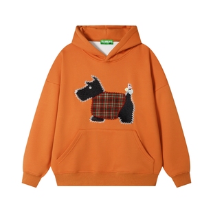 MoCreation美式小狗绣花情侣宽松连帽卫衣女秋冬橙色卡通加绒帽衫