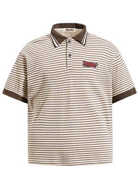 MoCreation 美式复古条纹短袖POLO衫男女宽松翻领刺绣休闲百搭T恤