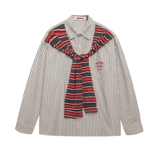 MoCreation复古条纹女宽松长袖衬衫自带领带设计感学院风百搭衬衣