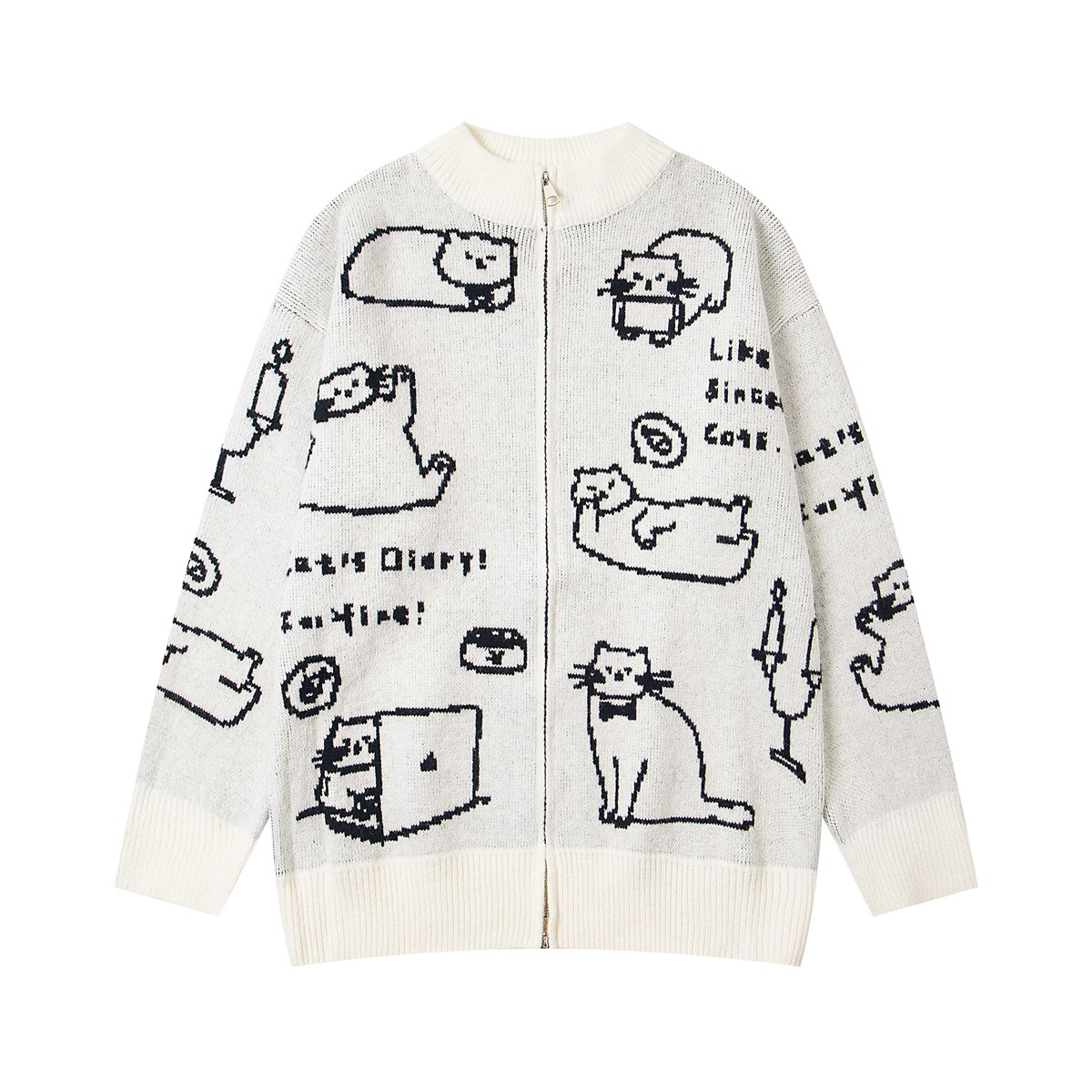 MoCreation 美式猫咪提花甜美双拉链毛衣秋冬情侣宽松针织衫外套