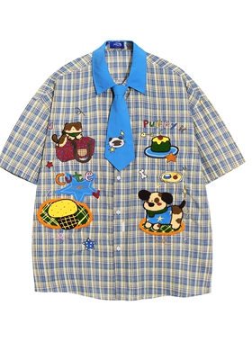 MoCreation卡通风小狗刺绣格子短袖衬衫男女宽松学院趣味领带衬衣