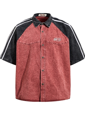 MoCreation美式复古撞色拼接牛仔短袖衬衫男女宽松学院风夏季衬衣