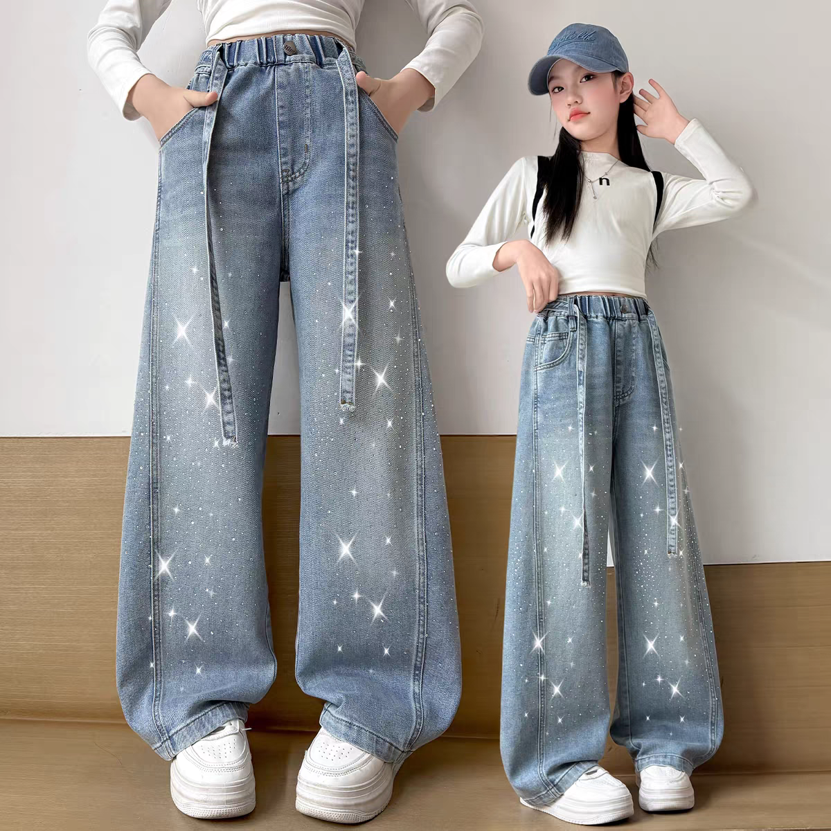 女童烫钻春秋牛仔裤2026新款儿童春装时髦洋气中大童8直筒9阔腿裤