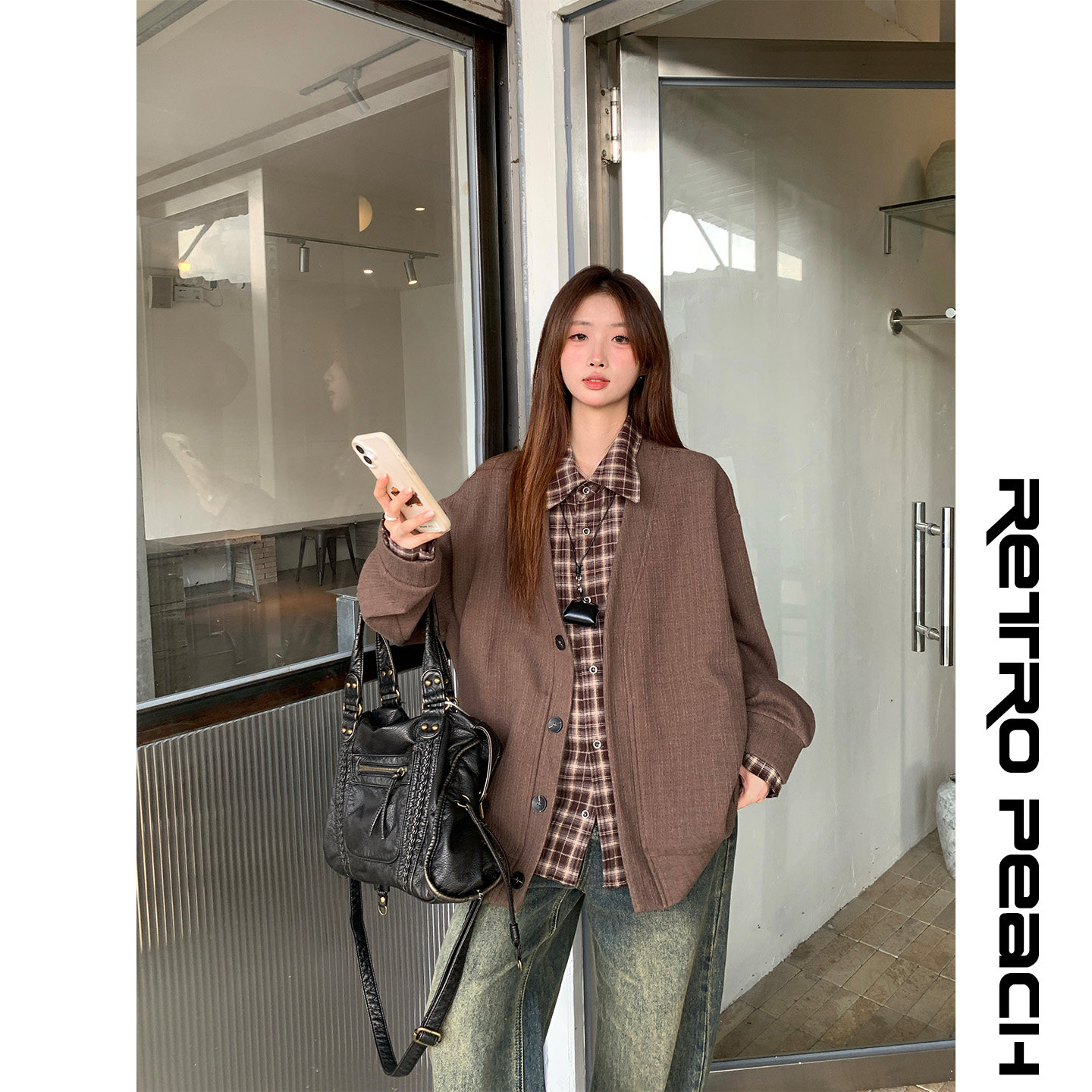 莓素格纹毛衣外套女秋冬美式复古