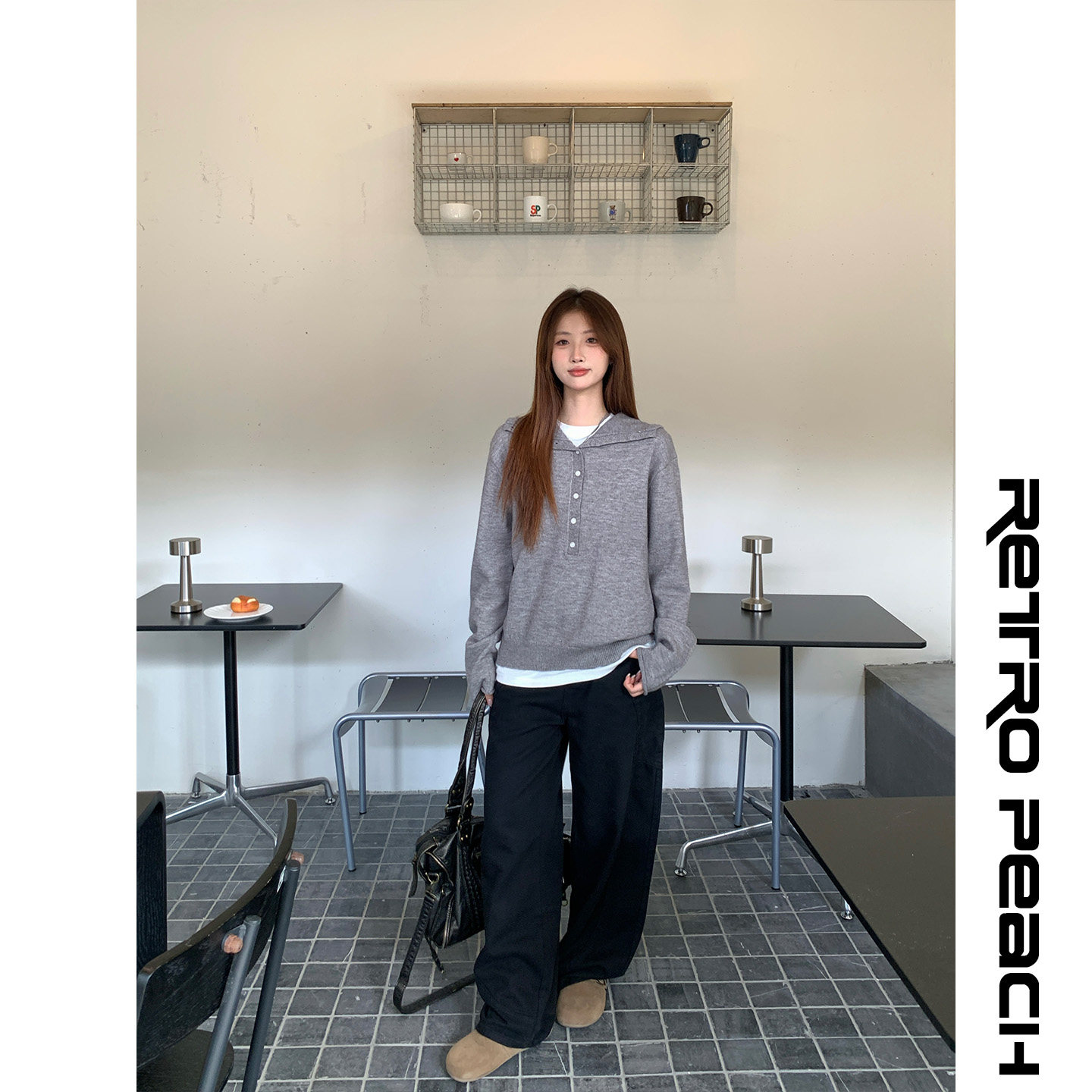 莓素学院风灰色连帽毛衣宽松纽扣