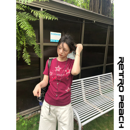 莓素美式Y2K星星印花正肩短袖T恤女修身显瘦高级感小个子上衣vibe