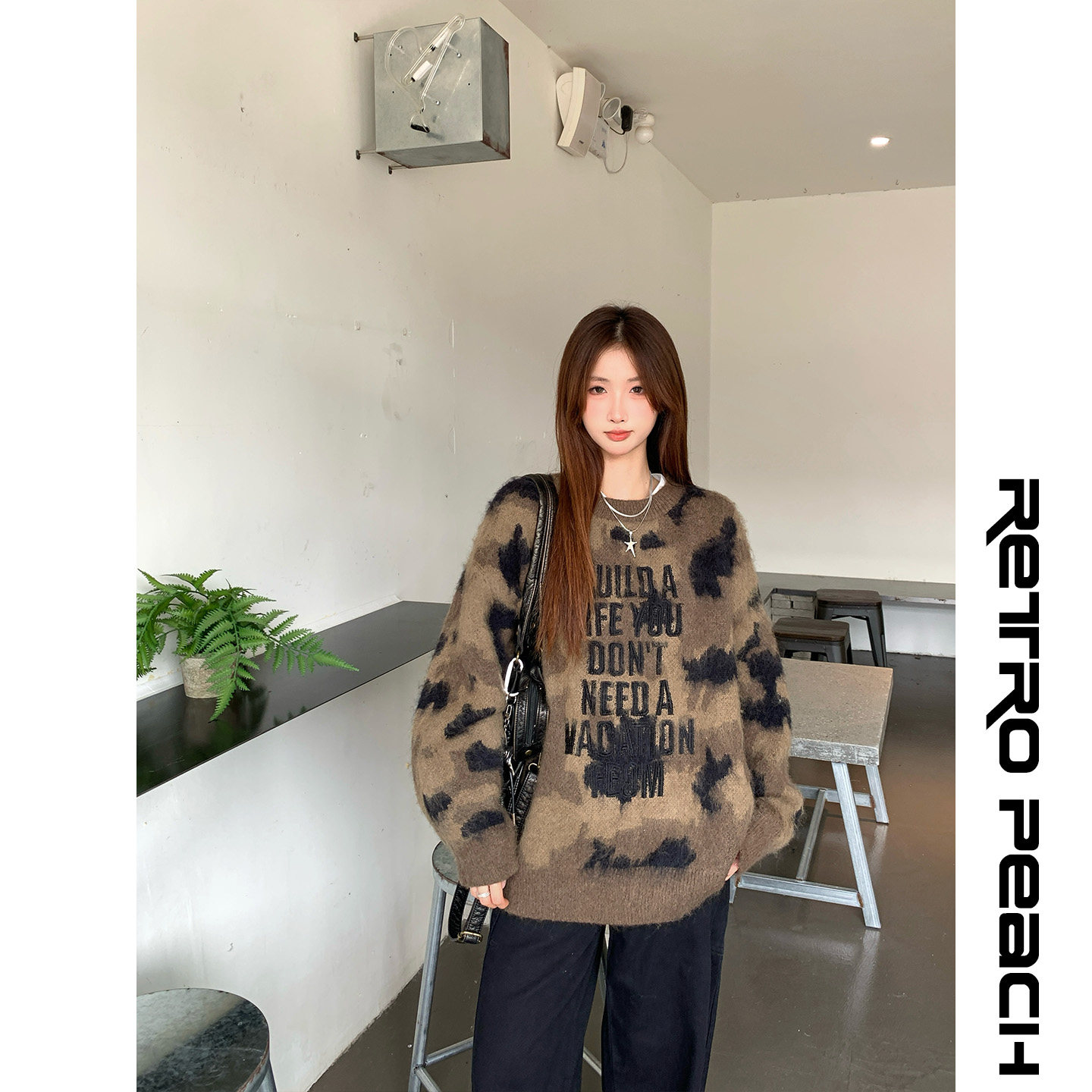 莓素美式复古豹纹毛衣女秋冬宽松