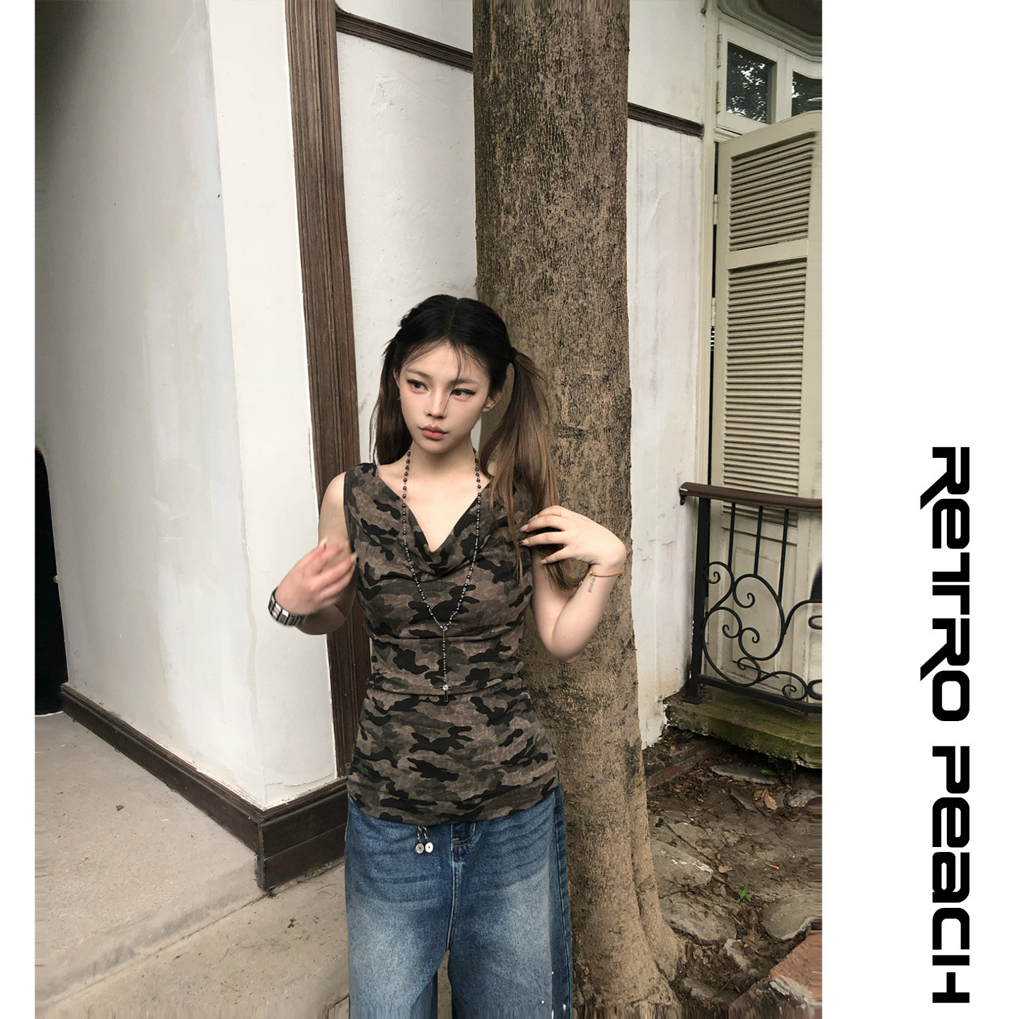 莓素美式辣妹风迷彩铆钉V领背心女夏修身显瘦心机个性短袖T恤上衣