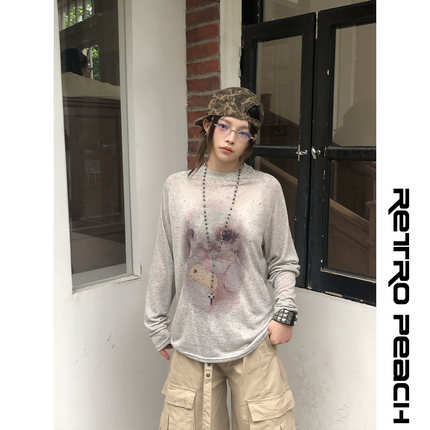 莓素美式复古兔子印花长袖T恤女宽松慵懒小个子防晒罩衫上衣vibe