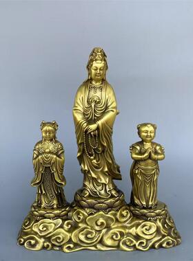 铜观音摆件全铜金童玉女拜观音装饰品家用供奉净瓶持念珠观音菩萨