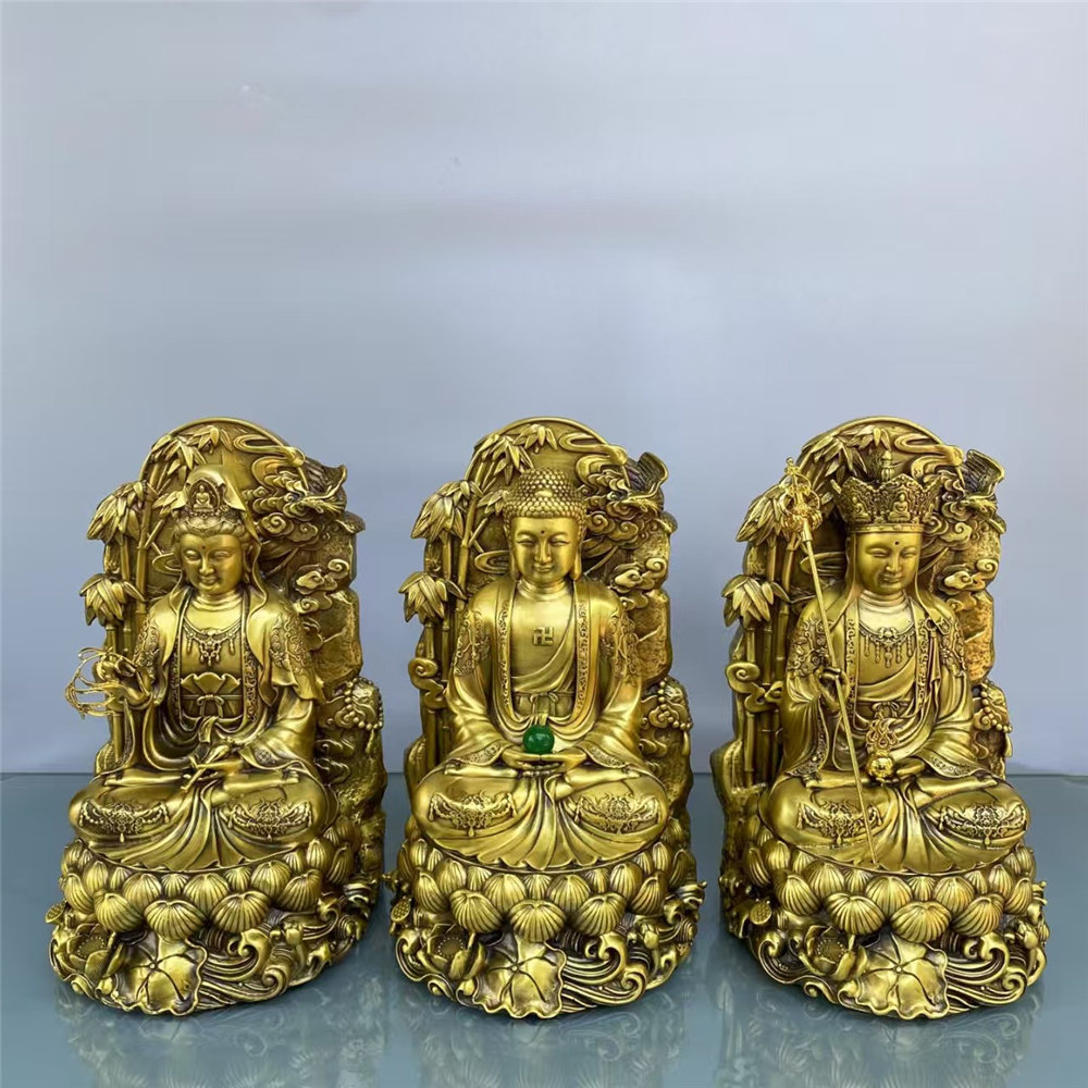 铜紫竹三圣摆件家居家用佛堂铜像佛像观音菩萨奉供工艺礼品