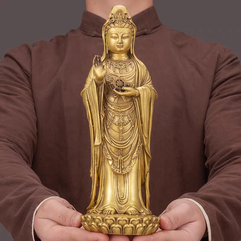 全铜普陀山南海观音佛像摆件大号手持法轮观世音菩萨站像客厅家用