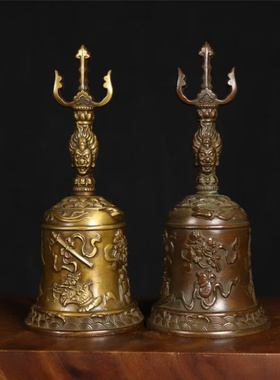 藏传铜铃黄铜錾刻八宝三叉戟摇铃摆件金刚杵法器佛堂用品