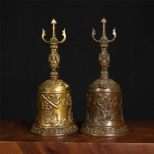 藏传铜铃黄铜錾刻八宝三叉戟摇铃摆件金刚杵法器佛堂用品