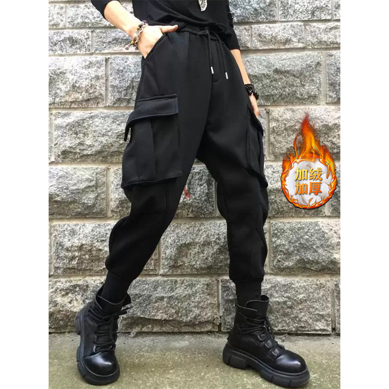 欧货黑色加绒加厚工装裤女士秋冬新款百搭宽松显瘦束脚哈伦休闲裤