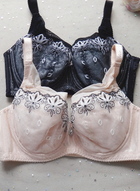 全罩杯大胸显小上托美背薄款内衣女 无海绵刺绣调整型文胸C D E杯