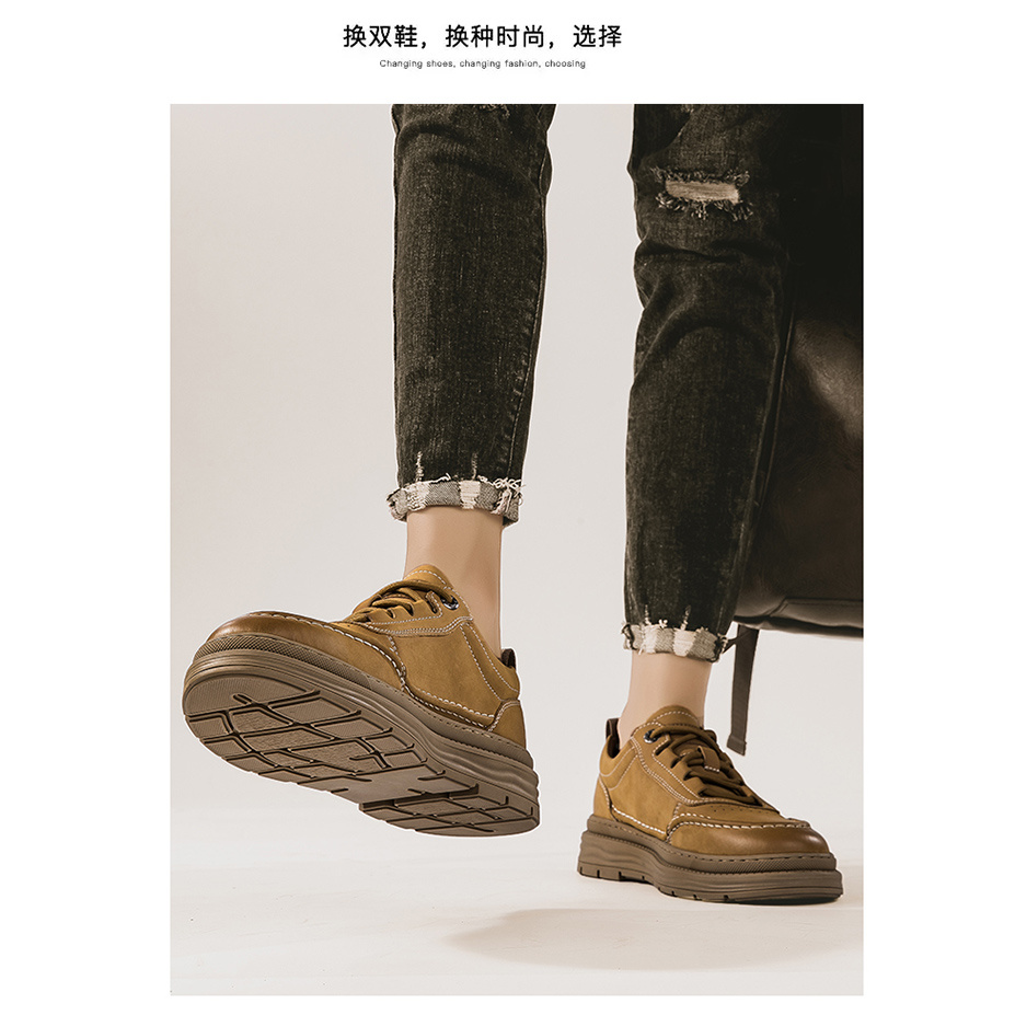 头层牛皮工装鞋男户外登山徒步厚底防滑套脚系带大头休闲鞋