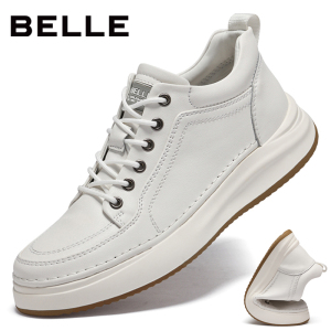 Belle/百丽男鞋头层牛皮中帮棉鞋男冬季加绒保暖厚底百搭休闲板鞋
