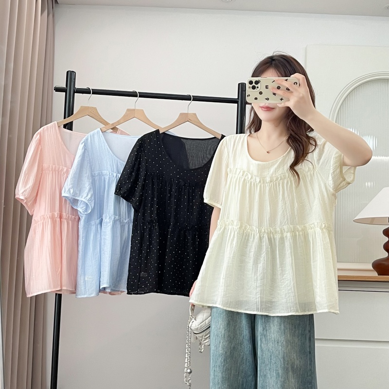 2025夏新款大码宽松短袖衬衫设计感上衣烫钻木耳娃娃衫显瘦上衣女