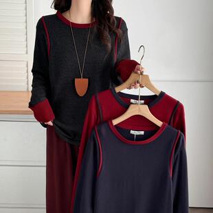 韩版 胖mm女显瘦大码 时尚 针织衫 打底毛衣 软糯拼色长袖 春秋新款