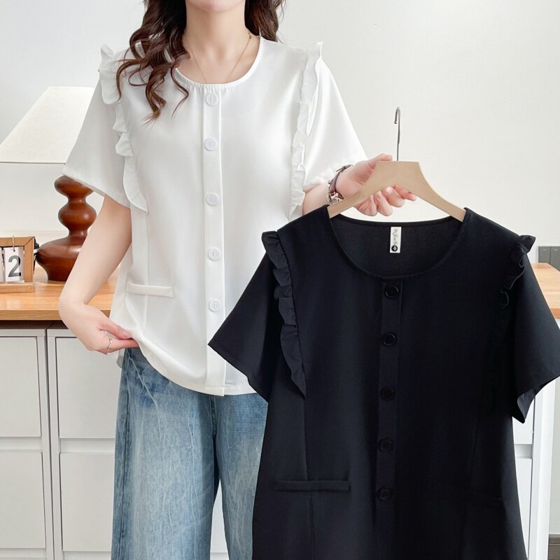 大码短袖t恤女荷叶边装饰纽扣套头衫宽松显瘦遮肚子时尚纯色上衣