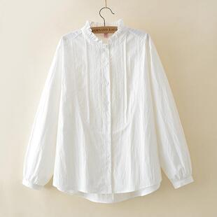 休闲衬衫 文艺减龄森系娃娃衫 衬衣女大码 花边领刺绣柔软白色长袖