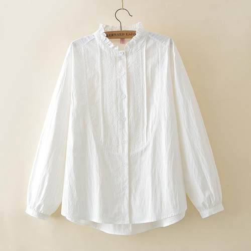 大码韩版纽扣长袖花边领衬衫