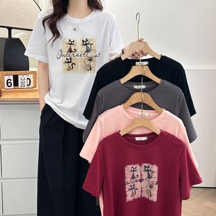 新款 大码 夏季 韩版 T恤宽松休闲圆领正肩体恤 时尚 卡通猫咪印花短袖