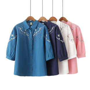 显瘦衬衫 2023夏季 大码 休闲上衣200斤胖mm镂空绣花七分袖 女士新款
