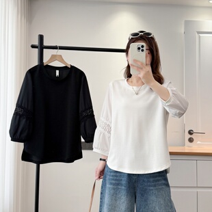 上衣 显瘦宽松上衣胖mm遮肚圆领七分袖 蕾丝镂空拼接灯笼袖 T恤大码