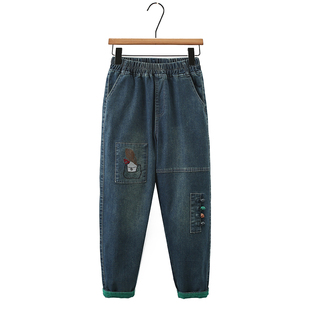 韩版 胖mm松紧腰宽松显瘦文艺刺绣老爹裤 新款 牛仔哈伦裤 大码 秋装