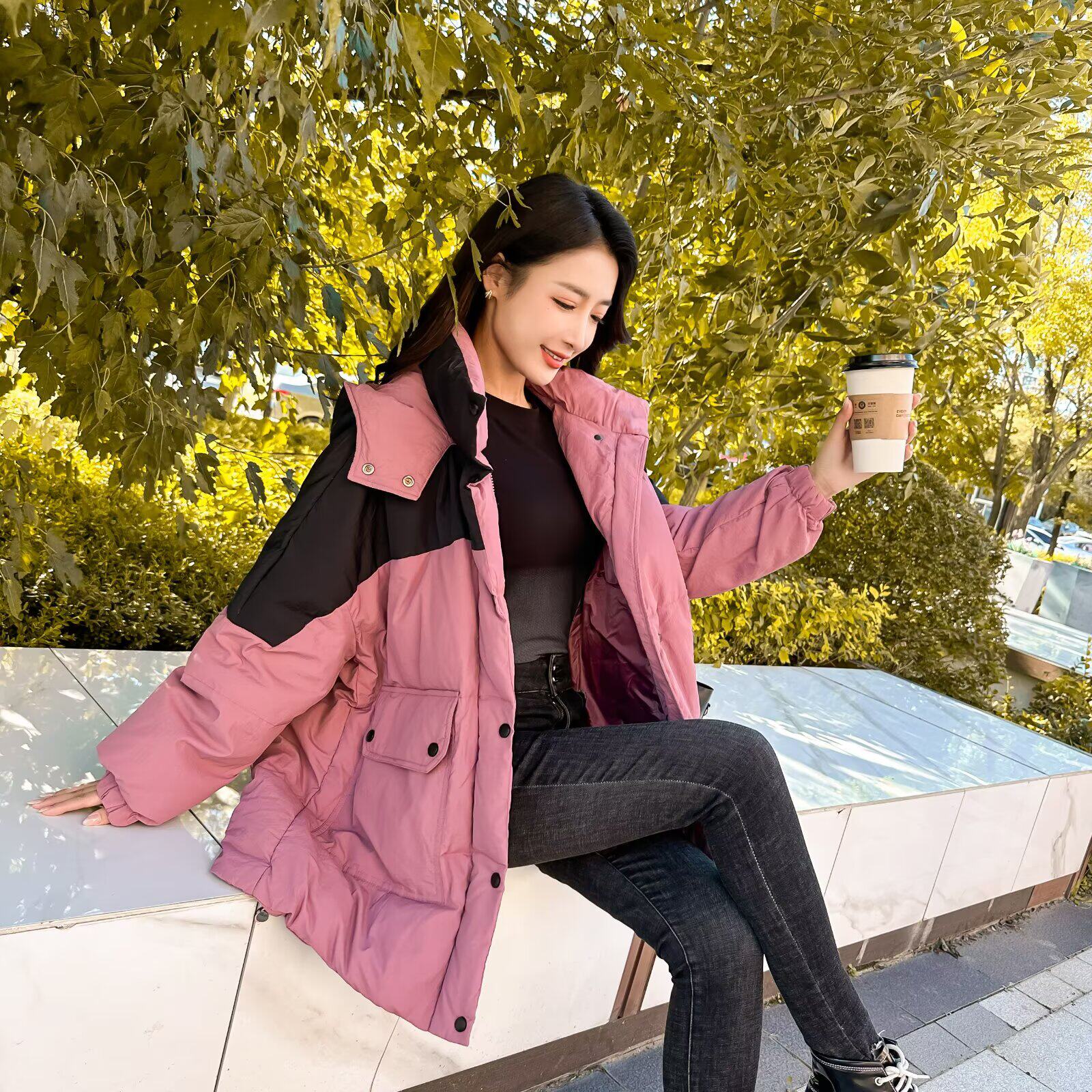 大码女装冬季新款韩版宽松连帽拼色加厚中长款羽绒服胖mm显瘦外套