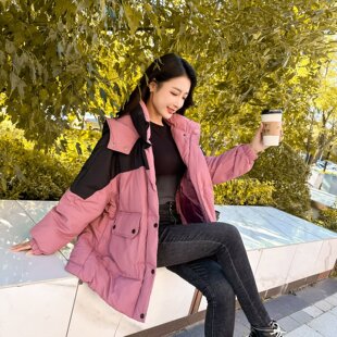 大码女装冬季新款韩版宽松连帽拼色加厚中长款羽绒服胖mm显瘦外套