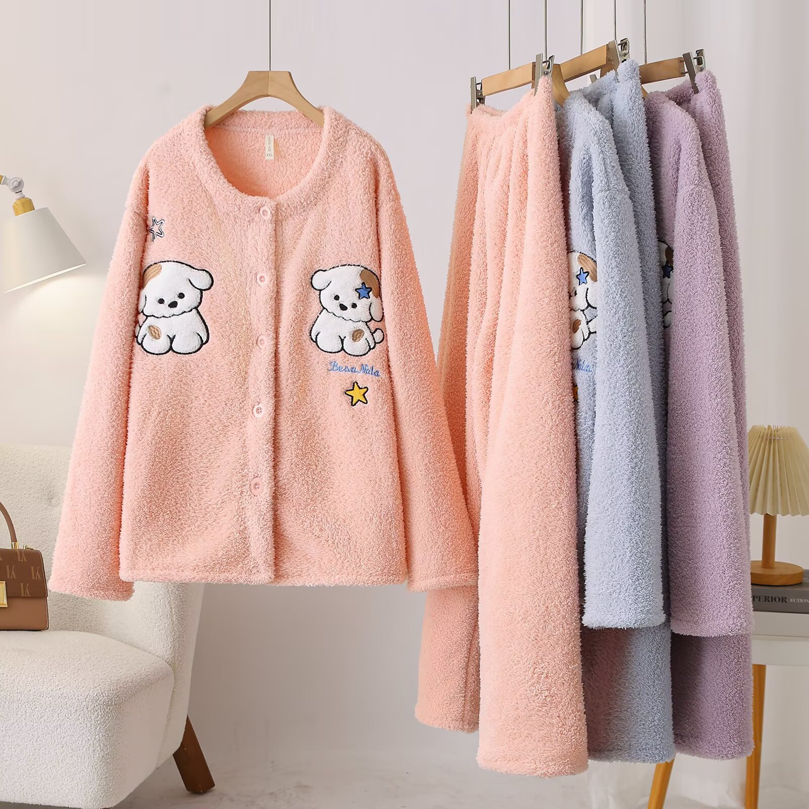 大码卡通小熊珊瑚绒睡衣套装