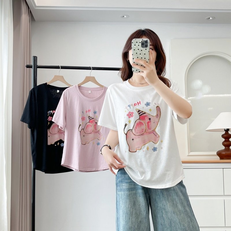 2025夏装新款大码女装上衣设计感圆领卡通减龄小象印花短袖T恤衫