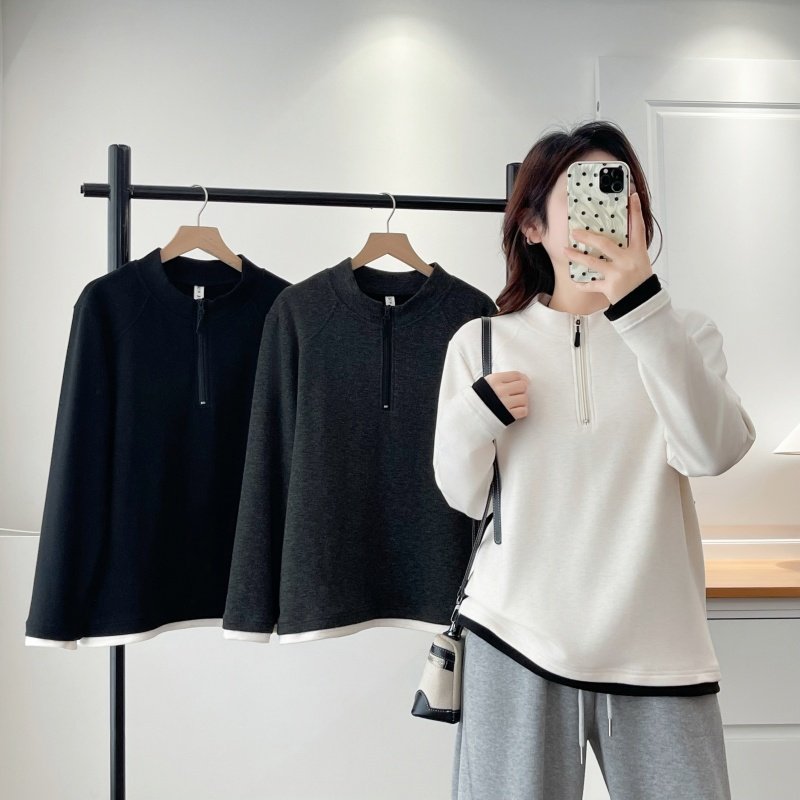 大码冬装新款洋气半拉链立领长袖拼色T恤女宽松显瘦遮肉打底上衣,女装/女士精品,T恤,淘宝优惠券,粉丝福利购,淘宝优惠卷