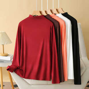 T恤新款 200斤胖mm大码 上衣春秋休闲纯色半高领长袖 宽松打底衫 女装