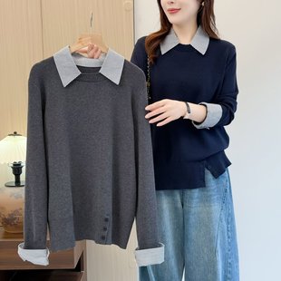 秋冬女装韩版新款针织衫大码设计感拼接衬衫领假两件套头毛衣上衣