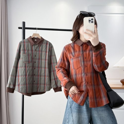 大码复古撞色格子夹棉衬衣