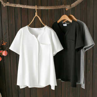 韩版 单口袋上衣胖mm宽松简约短袖 小V领夏季 新款 正肩t恤 打底衫 大码