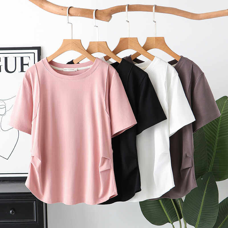 夏装韩版新款休闲上衣女设计感圆领收腰褶皱大码纯色简约短袖T恤