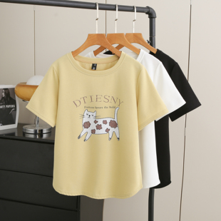 T恤夏季 卡通小花猫印花短袖 圆领百搭上衣 胖mm遮肚子体恤韩版 大码