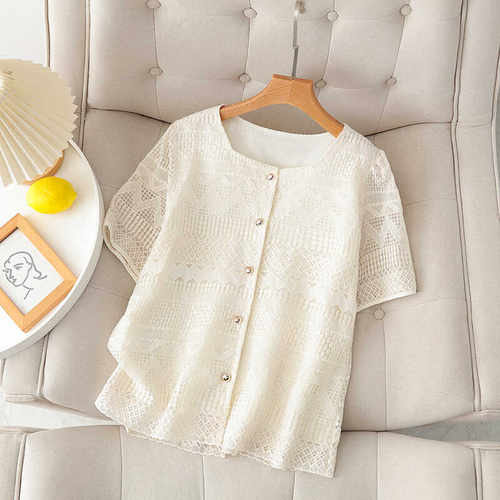 镂空大码小香风衬衫方领