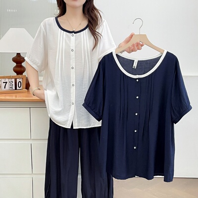 大码女装文艺小衫上衣设计感圆领