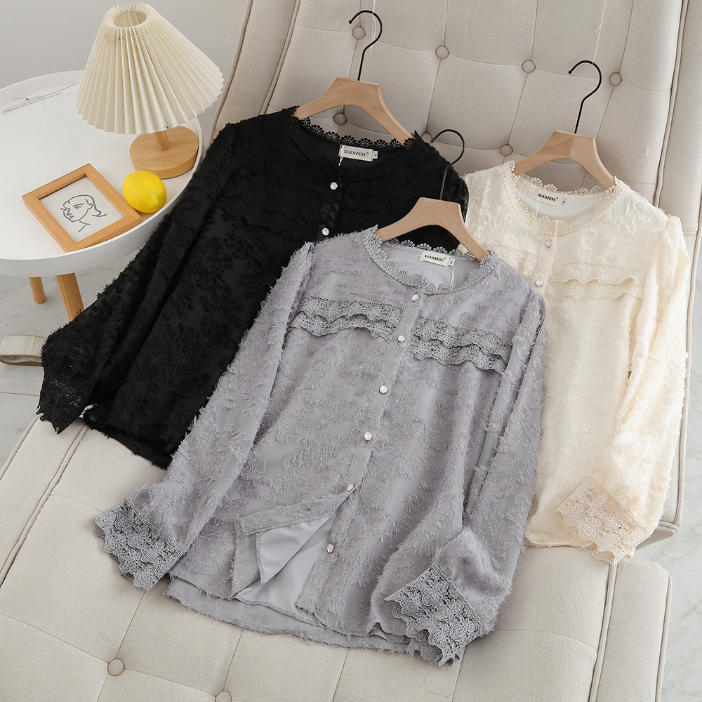 大码女装春季新衬衣款胖mm宽松显瘦百搭蕾丝花边拼接提花长袖衬衫