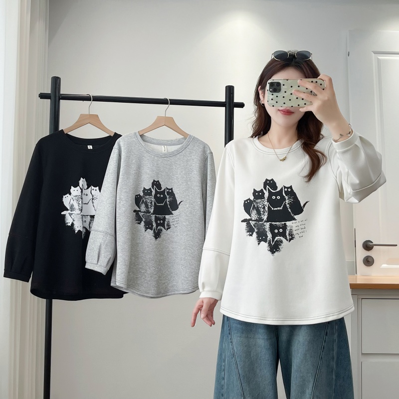 2025秋装韩版新款休闲宽松大码设计感猫咪印花长袖大码灯笼袖卫衣