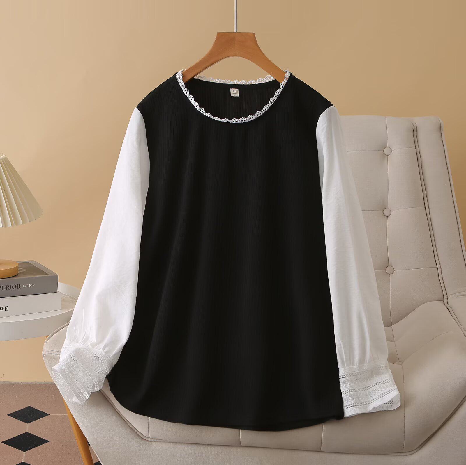 秋季韩版新款时尚打底衫设计感蕾丝镂空袖拼接假两件长袖大码t恤