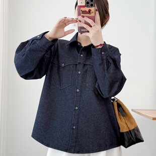 大码春季复古牛仔口袋衬衫女长袖宽松翻领纽扣开衫外套港风上衣