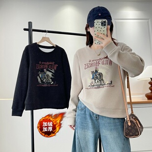 大码加绒加厚美式字母印花卫衣女冬装宽松显瘦时髦减龄遮肚子上衣