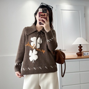 大码冬装新款可爱休闲风翻领系带提花毛衣女宽松慵懒针织衫上衣